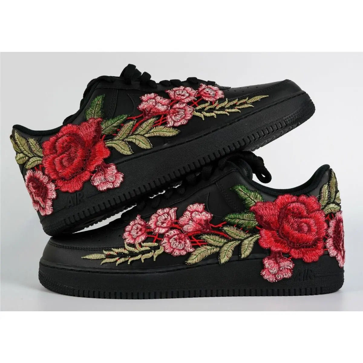 Nike Air Force 1 Custom Shoes Black Red Green Rose Floral Mens Size 8 Womens 9.5