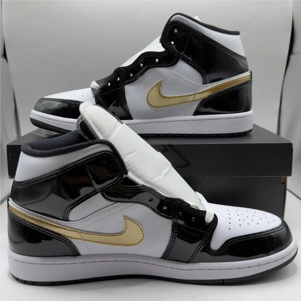 Nike Air Jordan 1 Mid Mens Patent Black Gold White Sneaker 852542 007 US Size 11