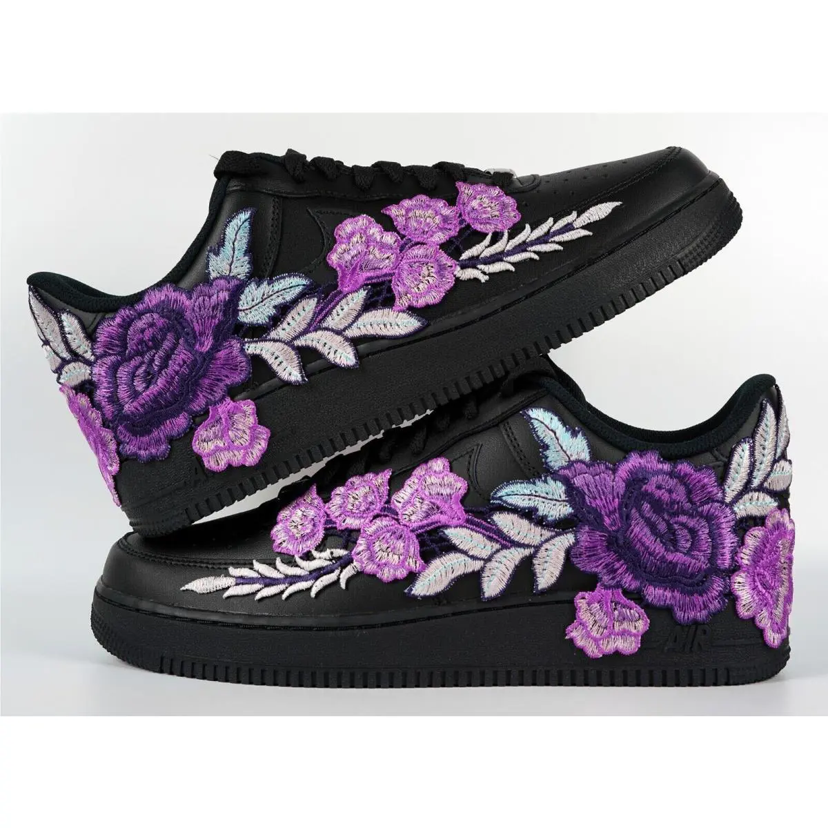 Nike Air Force 1 Custom Shoes Black Purple Rose Floral Mens Size 7.5 Womens 9