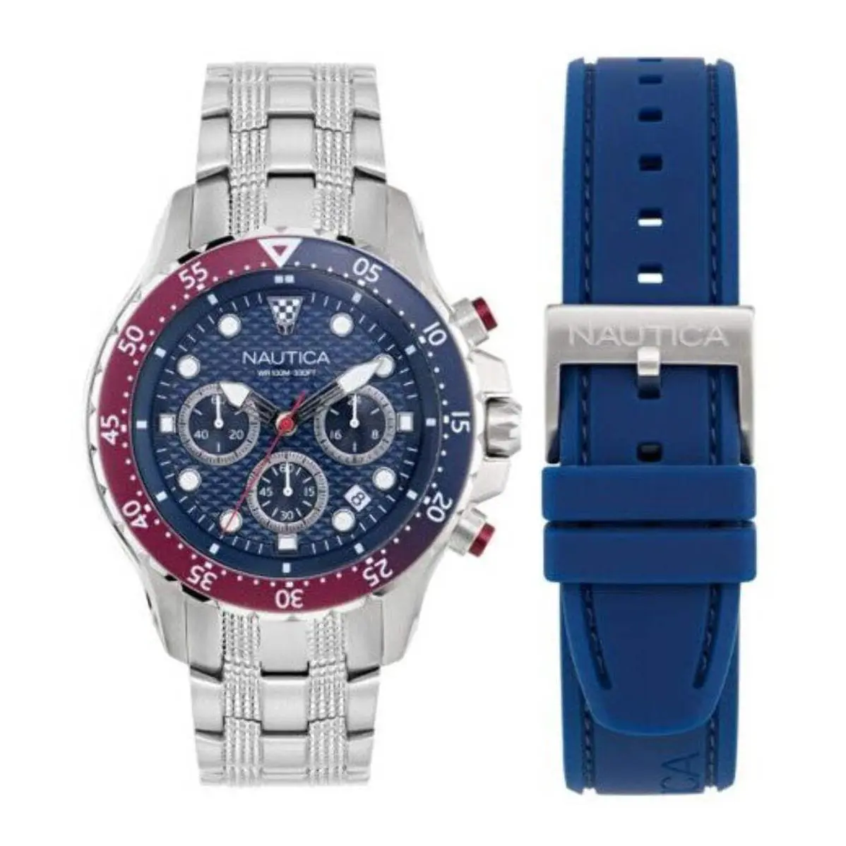 Nautica NAPNSF407 Men`s Sporty Nst Chronograph 44mm Stainless Steel Watch - Silver, Dial: Blue, Band: Silver