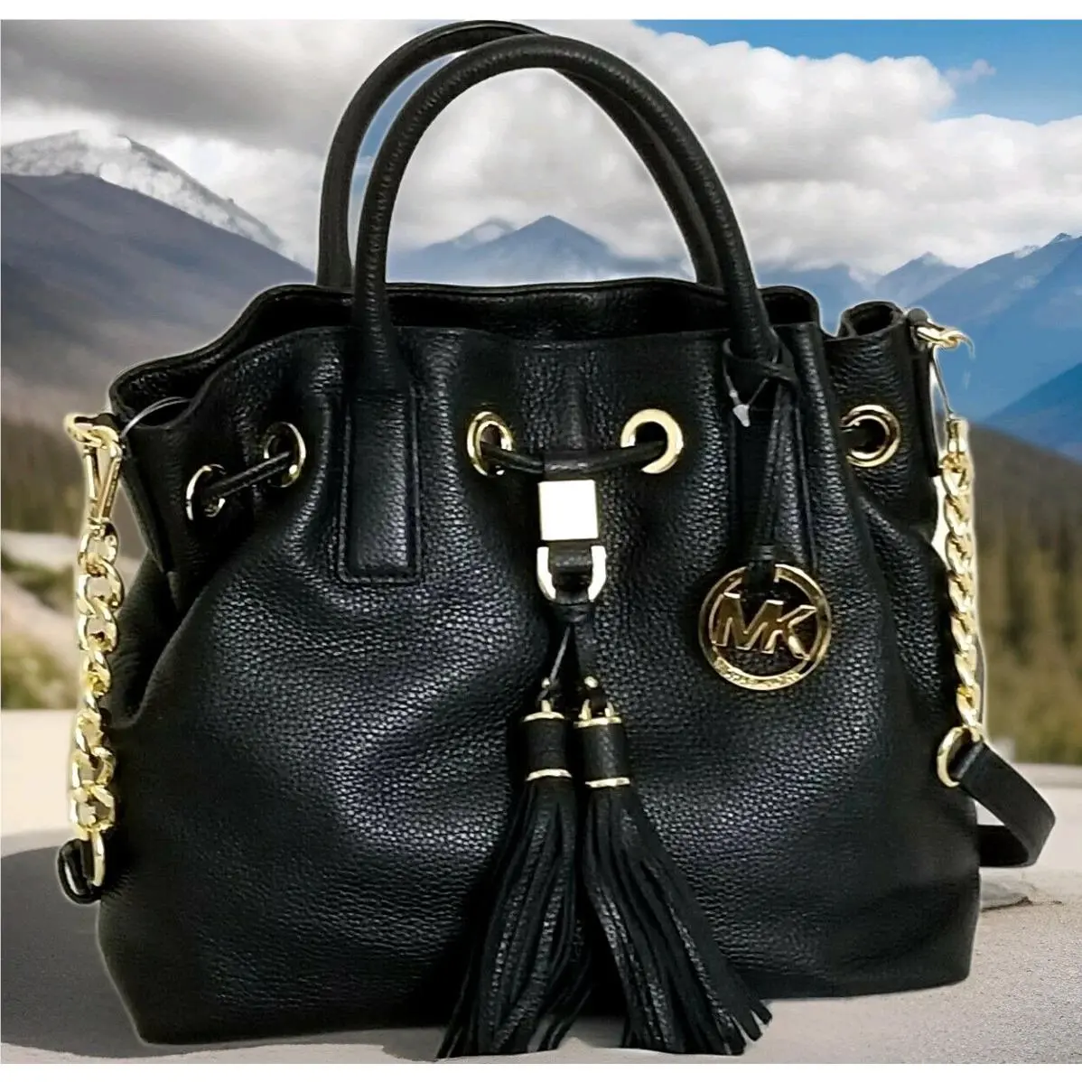 Michael Kors Camden Black Leather Drawstring Medium Crossbody Satchel Bag