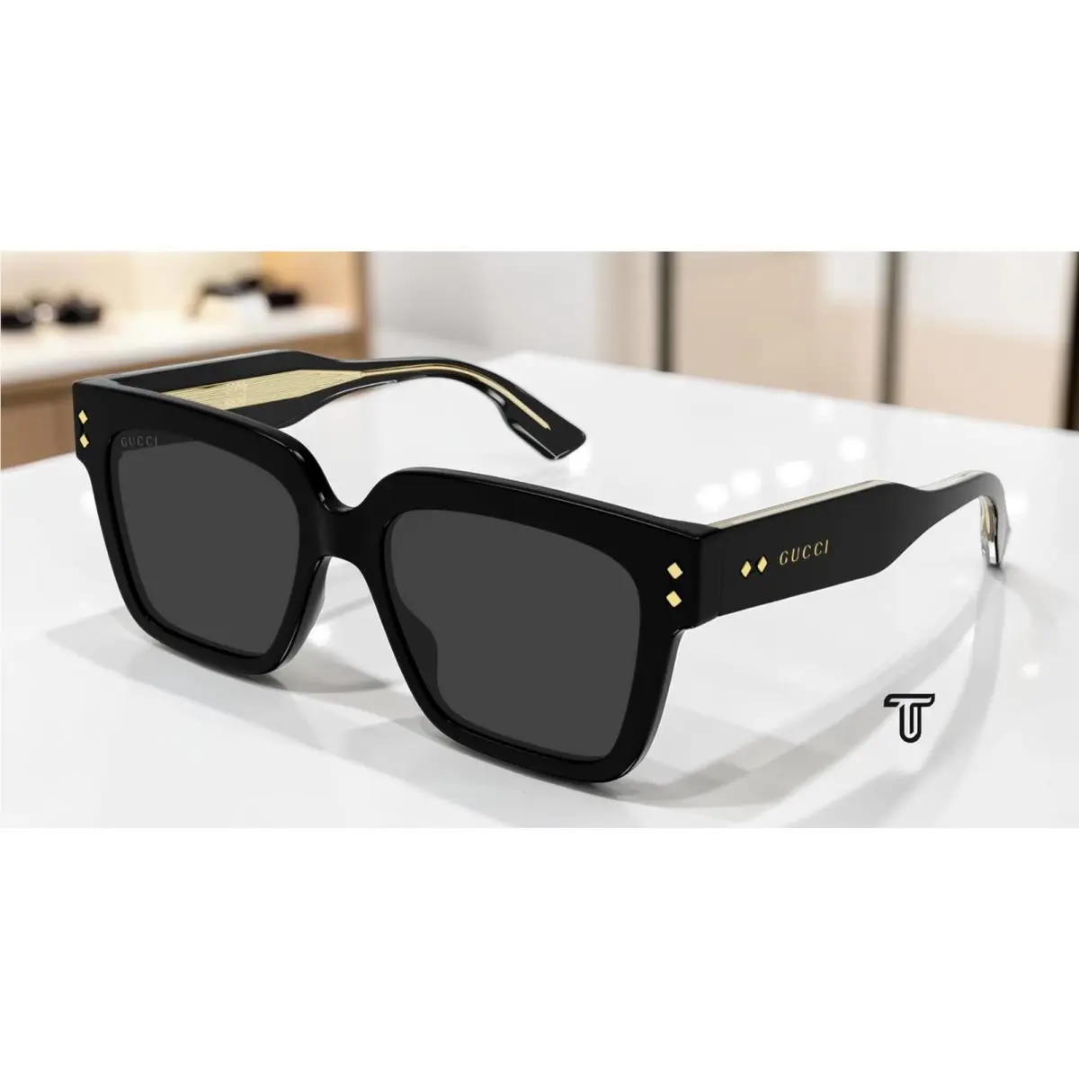 Gucci GG1084S 001 Rectangular Squared Black Crystal Grey 54 mm Men`s Sunglasses