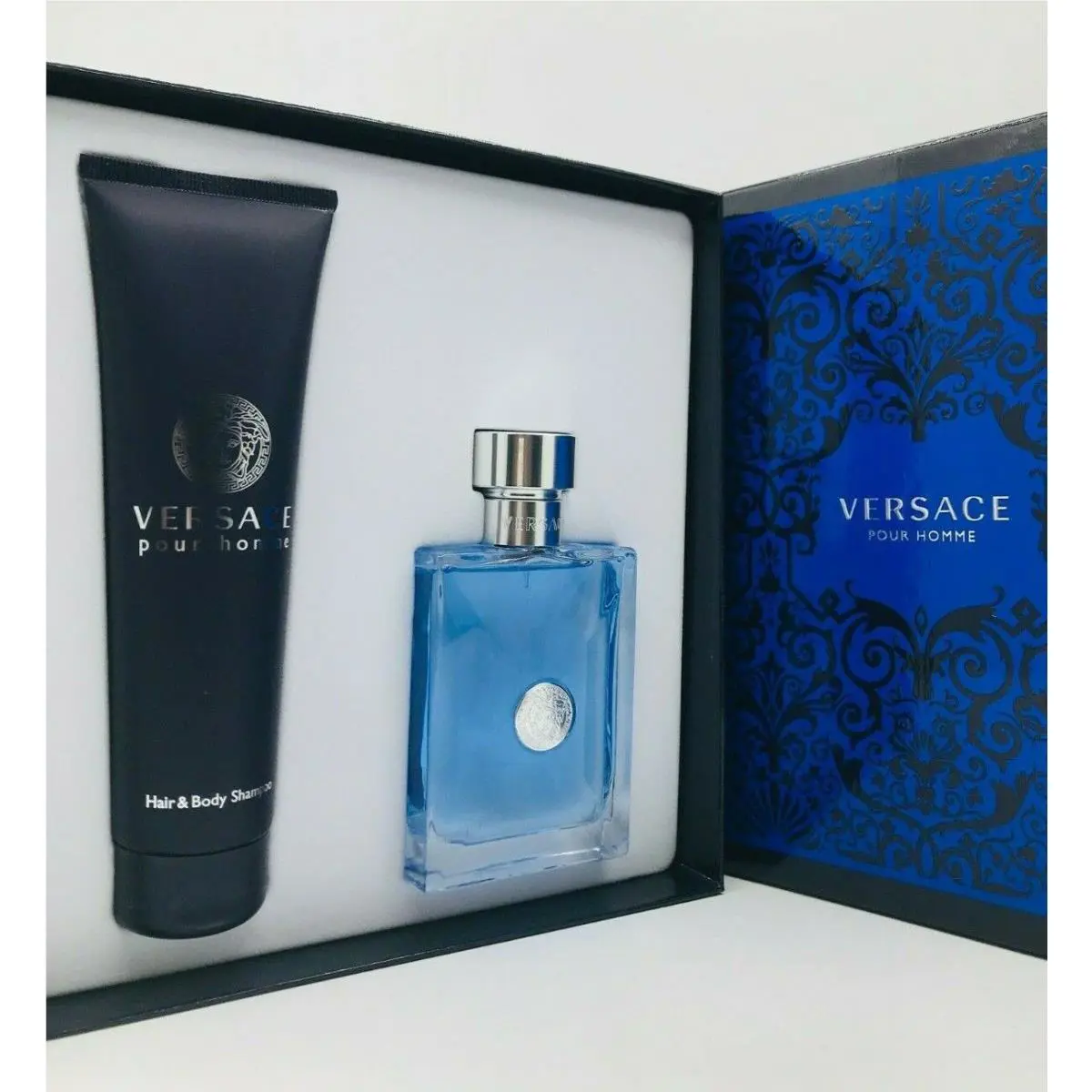 Versace Pour Homme Men 2pc Set Cologne Spray 3.4 oz Hair and Body Shampoo 5.0 oz
