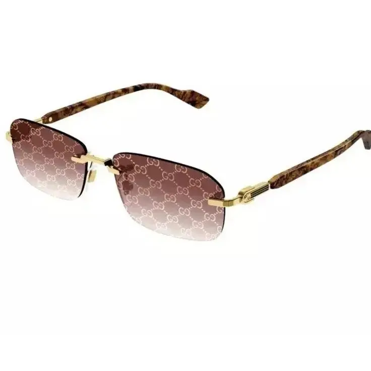 Gucci GG1221S 004 Gold Yellow Red GG Logo Lens Rectangular Rimless Sunglasses