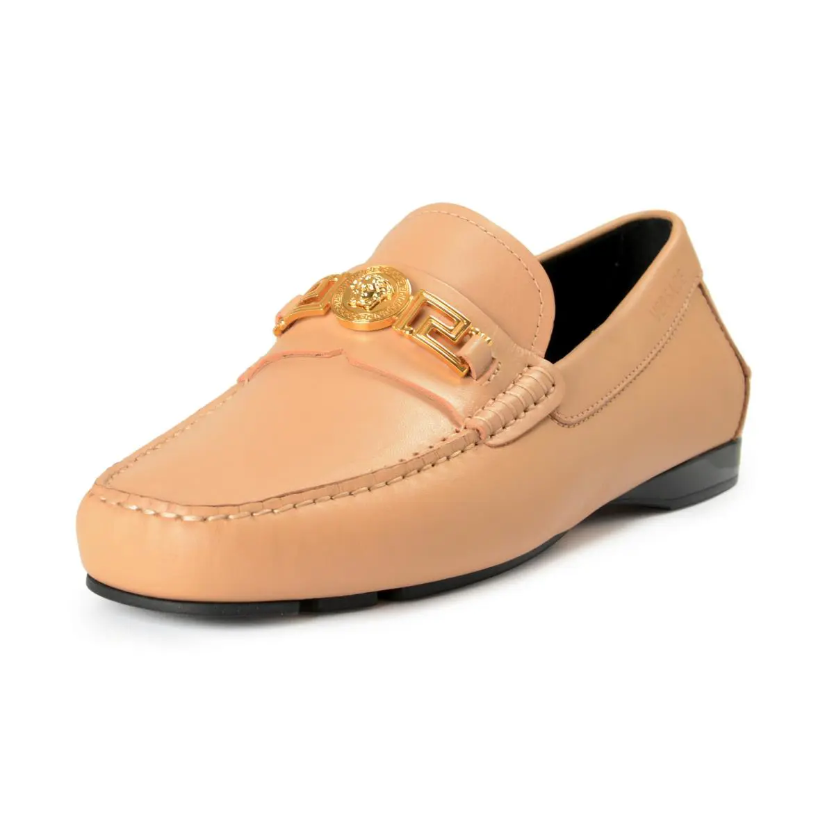 Versace Men`s Beige Leather Gold Medusa Car Shoes Loafers Shoes US 8 IT 41