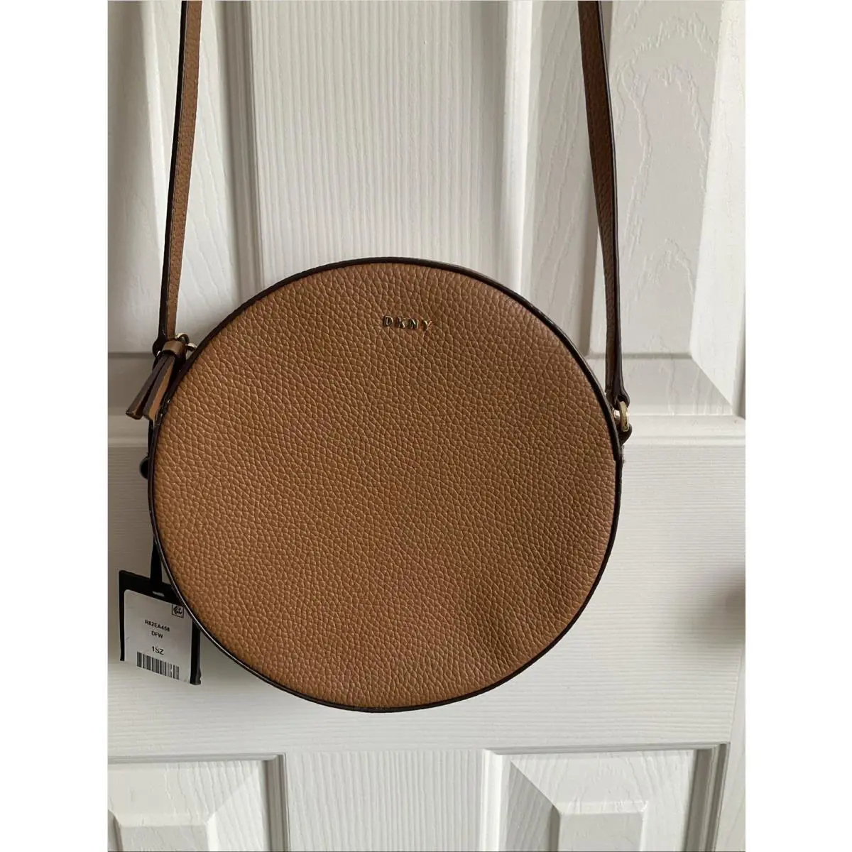 Dkny Round Brown Pebbled Leather Adjustable Crossbody Canteen Bag 8”