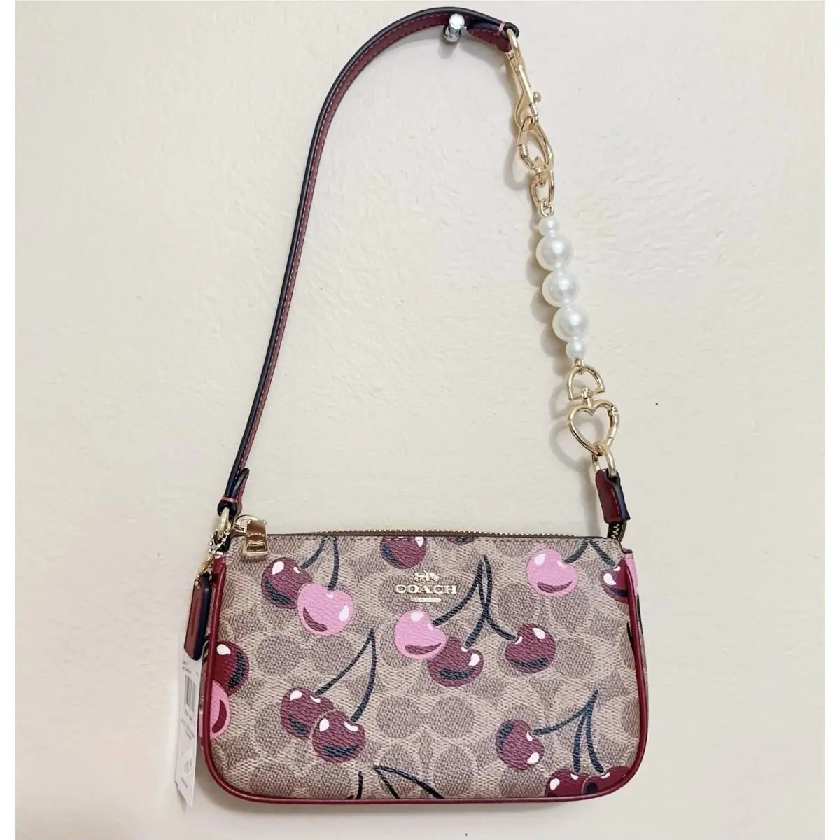 Nolita 19 In Signature Canvas with Cherry Print CZ011 CZ011 bag +pearl chain by Coach