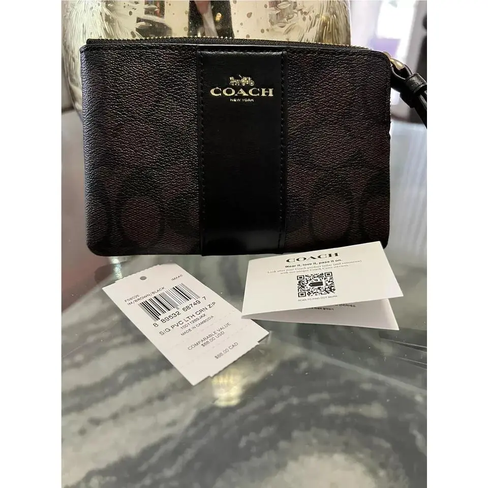 Corner Zip Wristlet In Signature Canvas Gold Brown Black by Coach