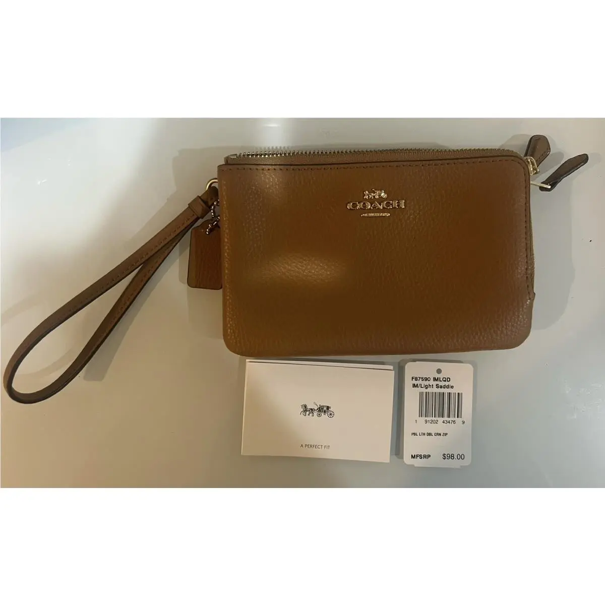 Coach Double Zipper Wallet Wristlet Camel with Strap Rare Color 6”x4”
