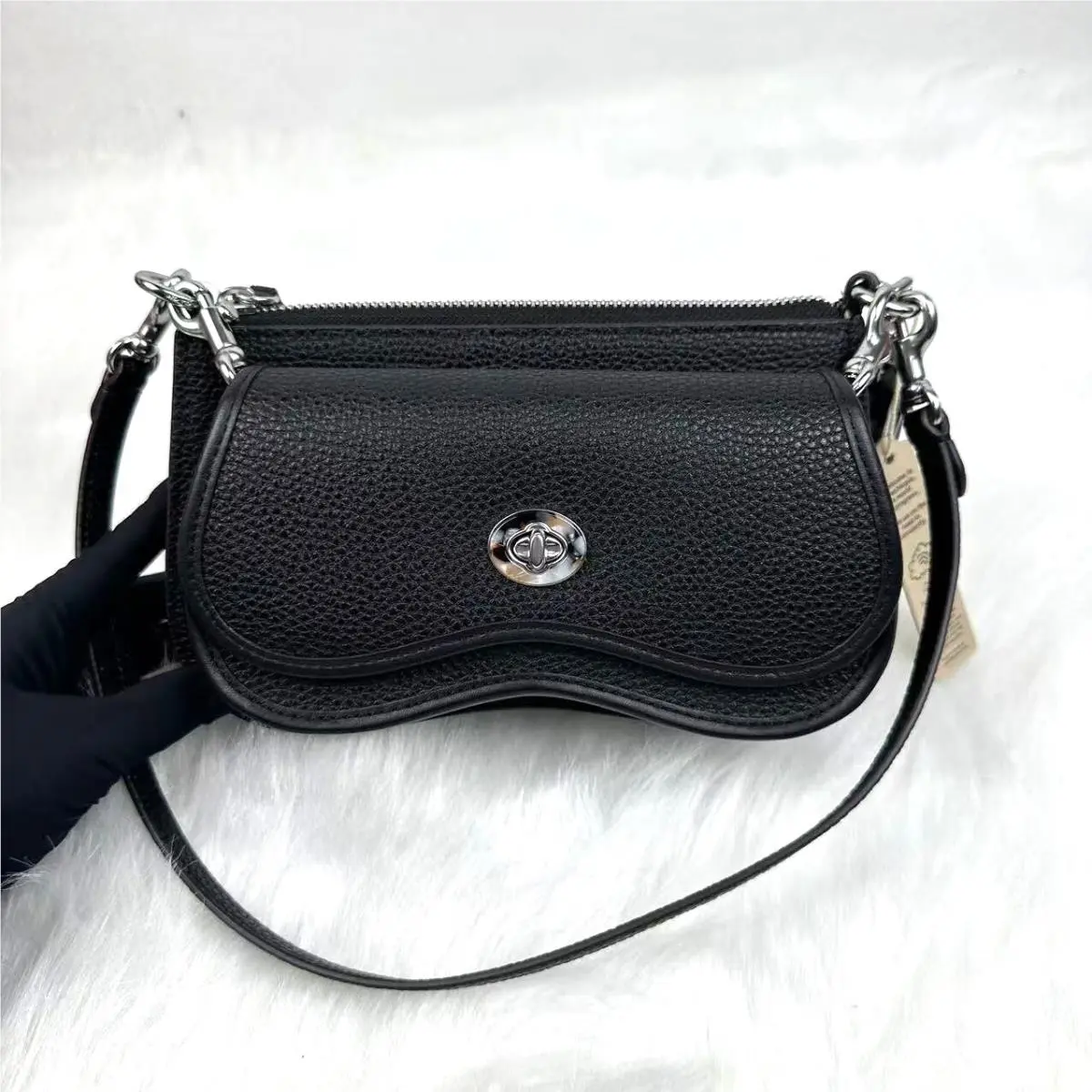 Coach Wavy Double Pouch Bag Shoulder In Coachtopia Leather Black Rainbow CT381