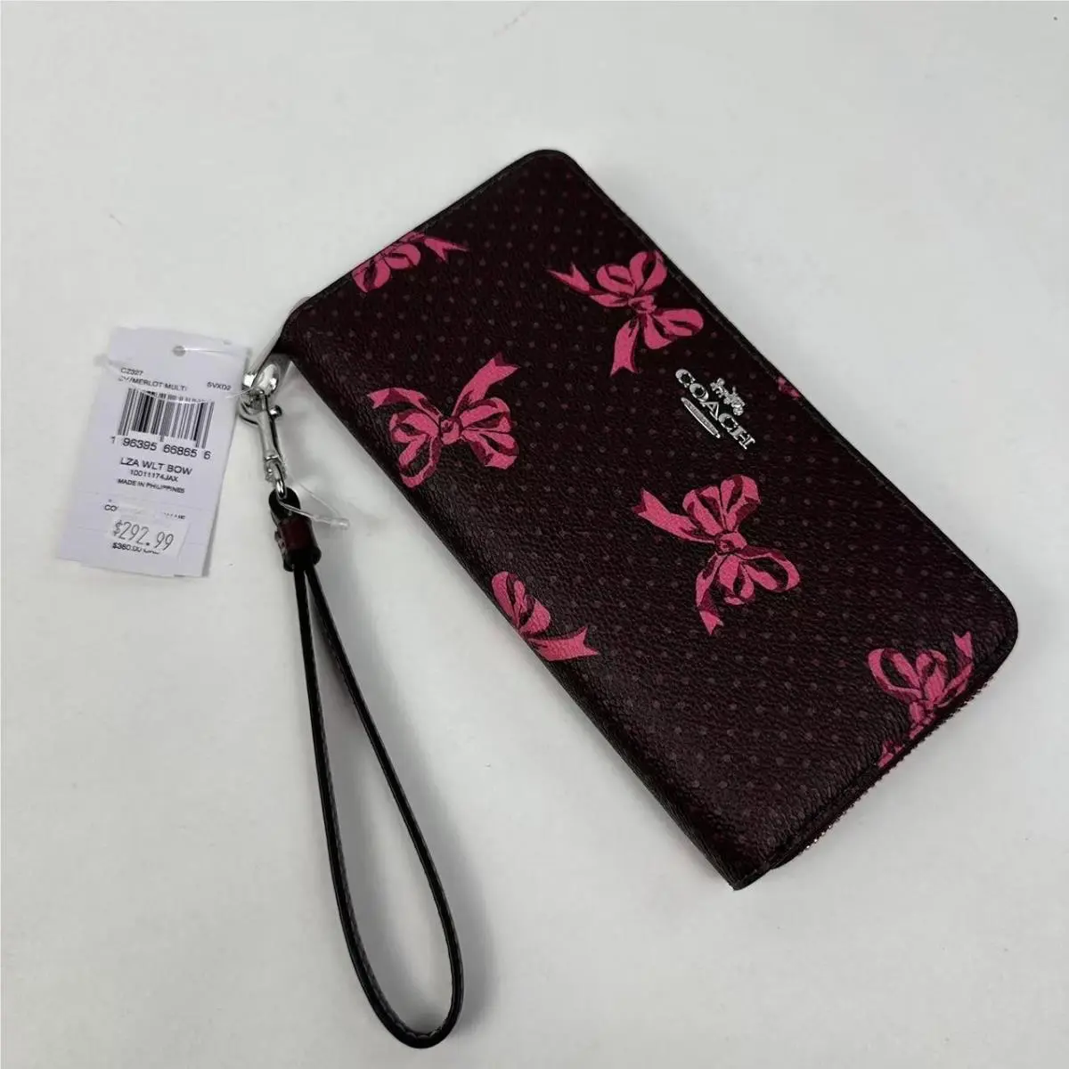 Coach Long Zip Around Wallet Signature Canvas Bow Print Silver/merlot CZ327