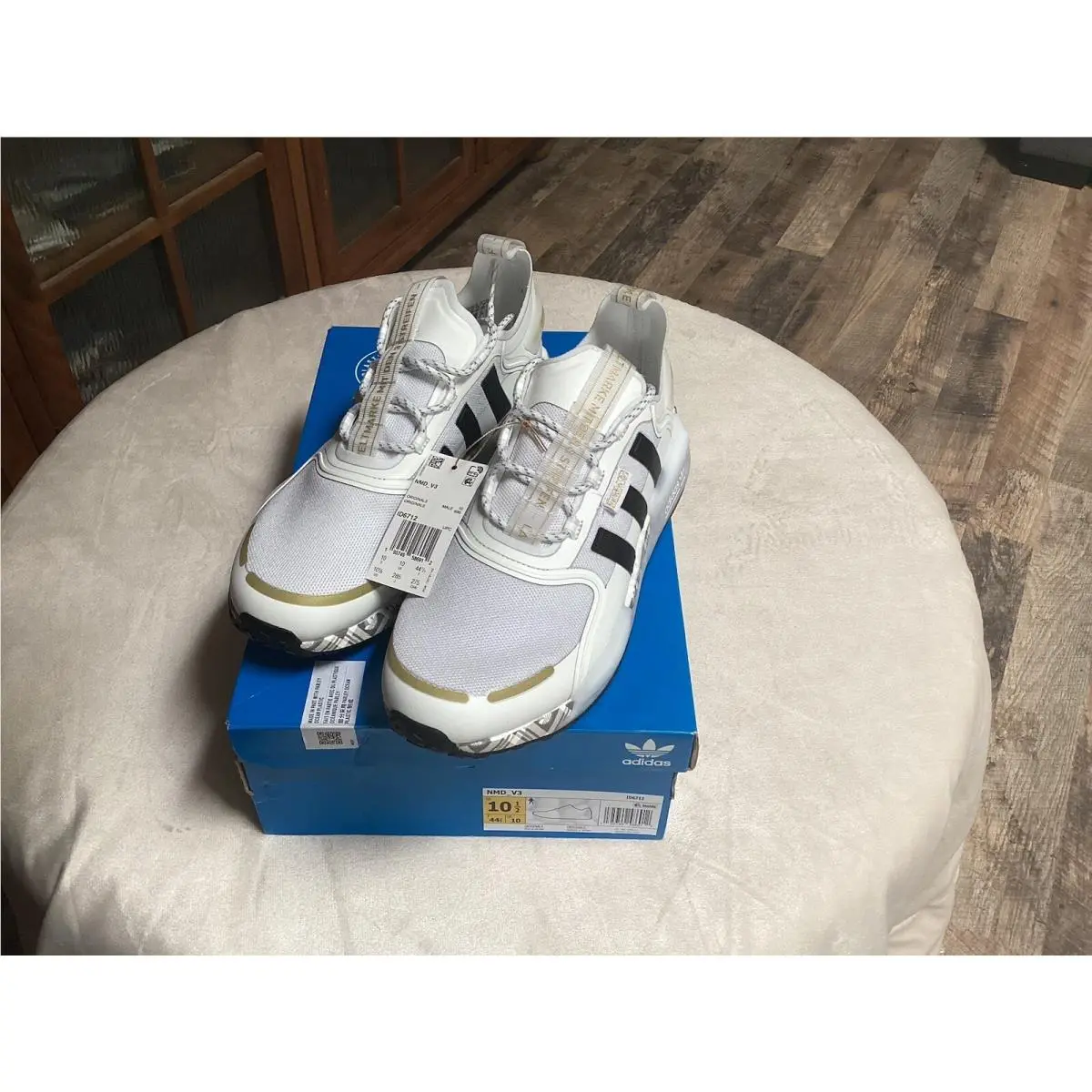Size 10.5-Adidas NMD_R1 V3 Athletic Shoes-cloud White/core Black/gold Metallic