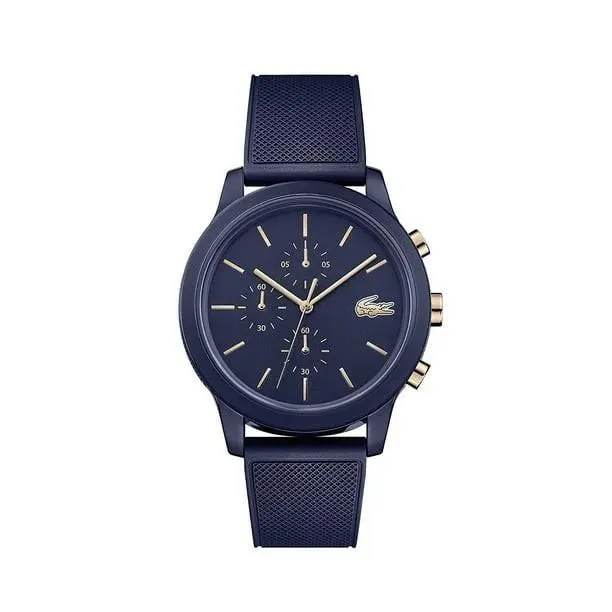 Lacoste 2011013 12.12 Navy Blue Chrono Rose Gold Dial Silicone Strap Mens Watch