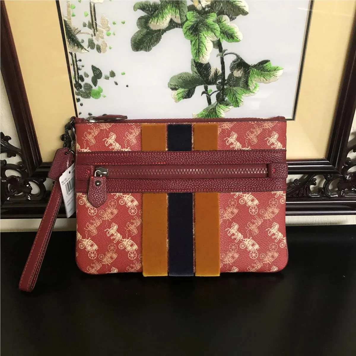 Coach Large Front Zip Wristlet with Horse and Carriage Print and Varsity Stripe