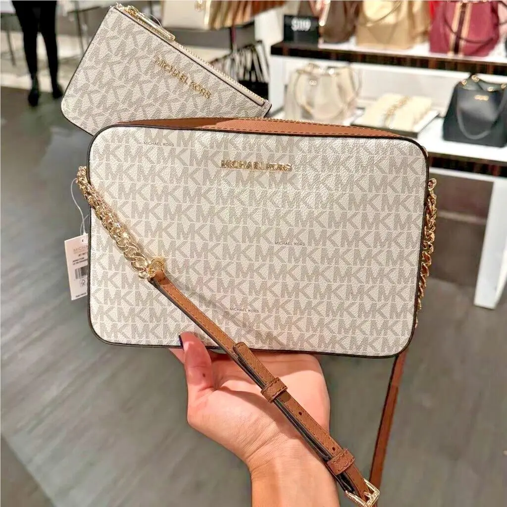 Michael Kors Large Purse Handbag Bag Crossbody + Coinpouch Wallet Key Ring Fob