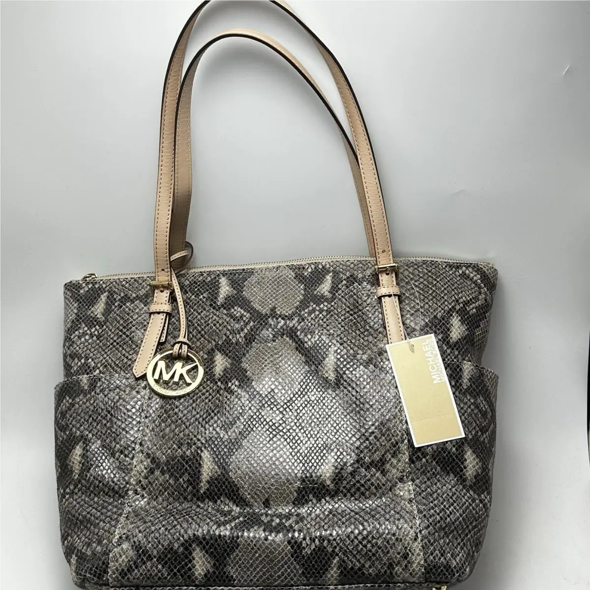 Michael Kors Leather Tote Shoulder Bag Purse Snake Python Dark Sand 16x11