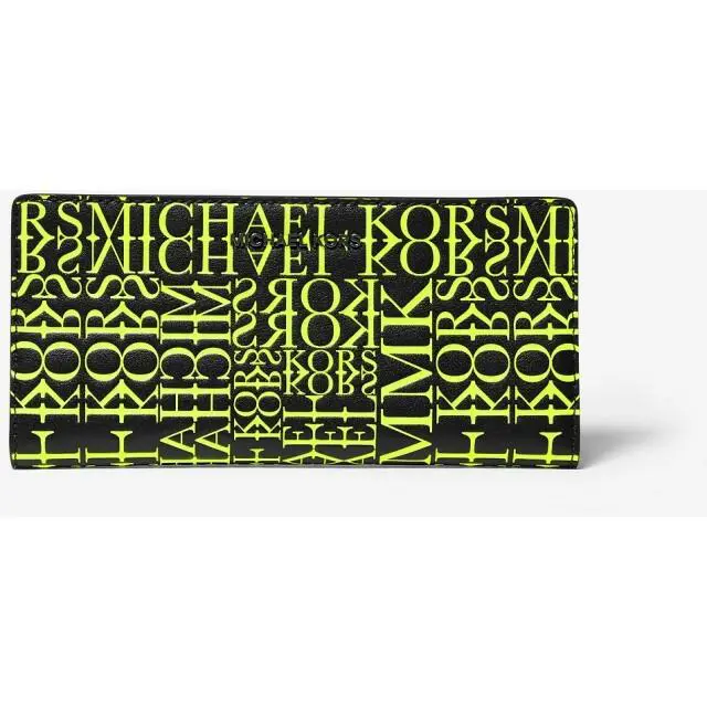 Michael Kors Black Neon Yellow Green Newsprints Logo Leather Wallet + Card Case