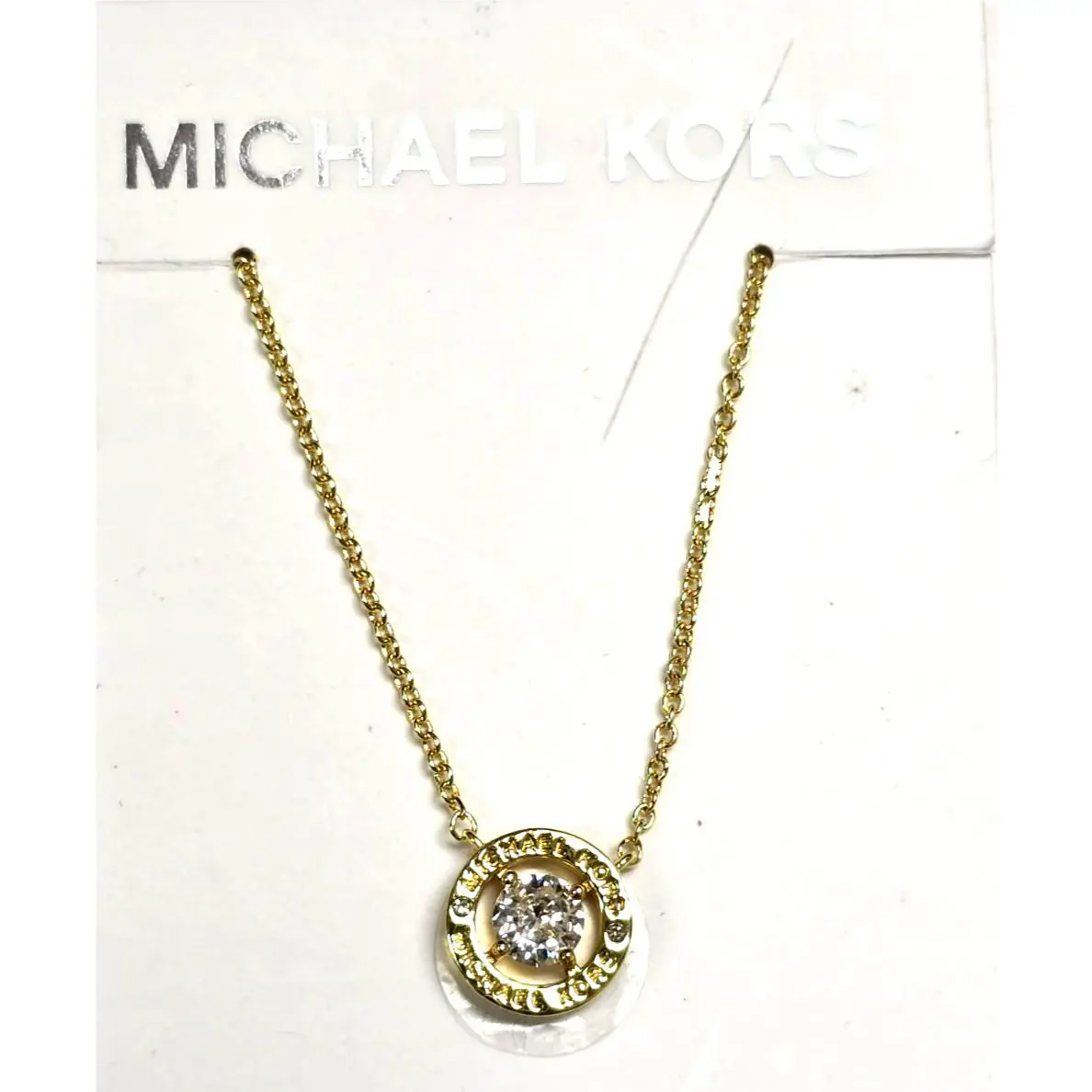 Michael Kors Gold Tone Brass Halo Clear Crystal Charm Chain Necklace MKJ0100A