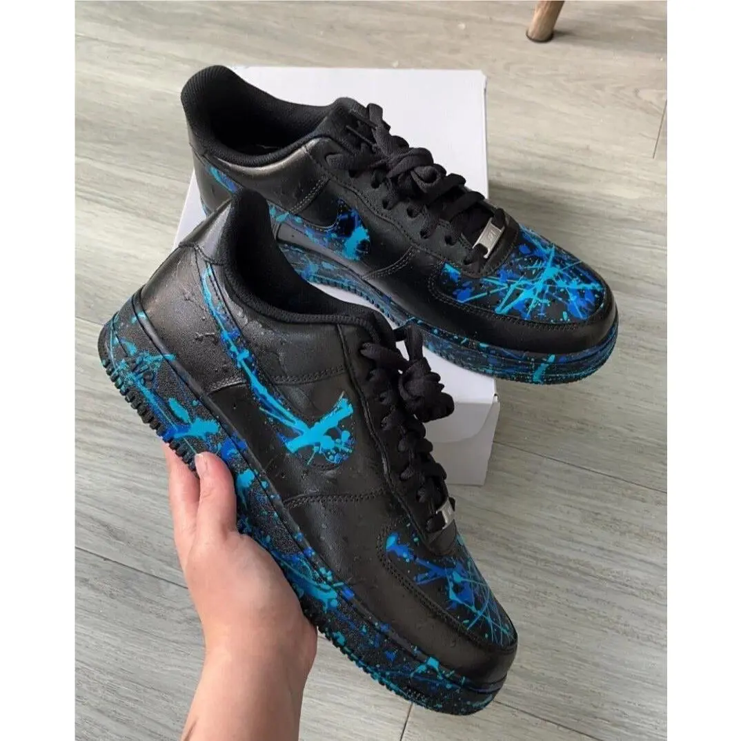 Nike Custom Air Force 1 Black Shoes Fierce Teal Blue Splatter Mens Womens Kid