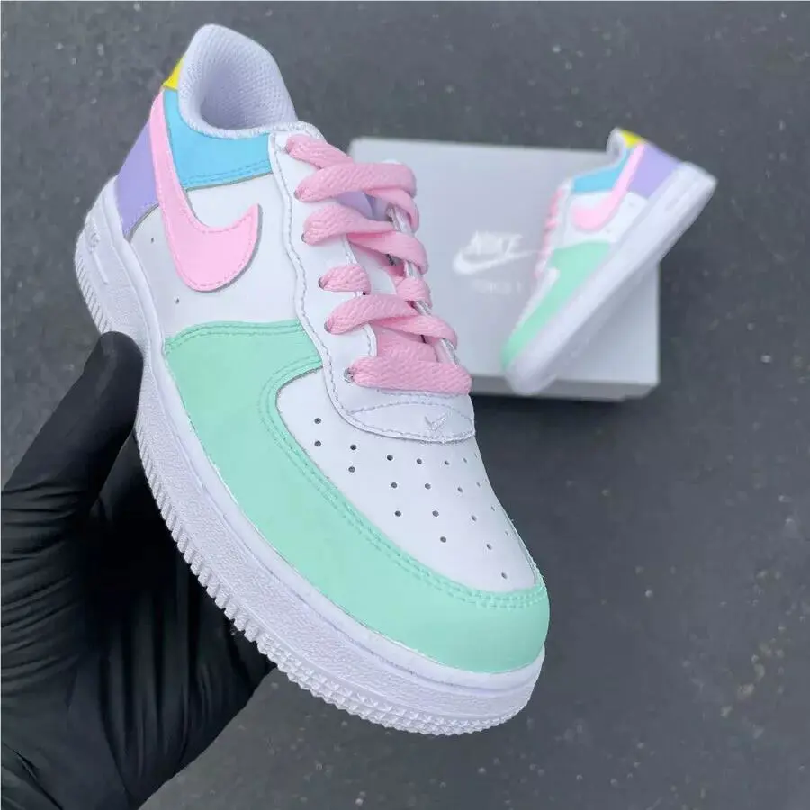 Nike Air Force 1 Custom Low White Shoes Easter Pastel Matte Colorful Pink Laces