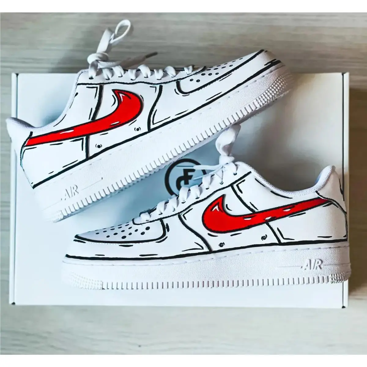 Nike Air Force 1 Custom White Shoes Comic Book Red Cartoon Graffiti Art Black Outline