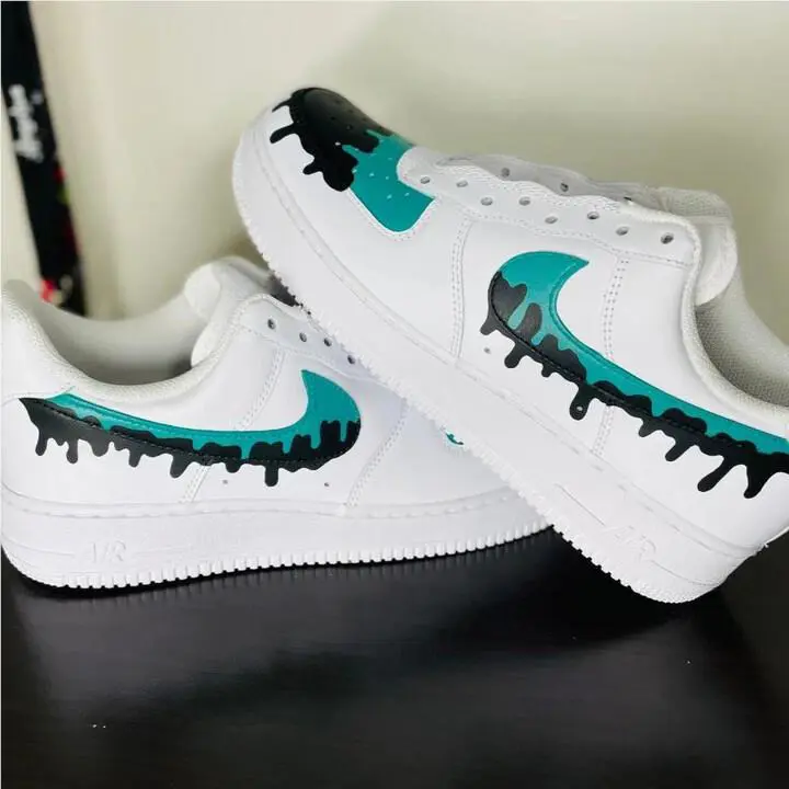 Nike Air Force 1 Custom White Shoes Teal Blue Black Drip Swooshes Mens Womens