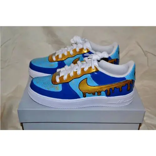 Nike Air Force 1 Custom Shoes Blue Graffiti Gold Metallic Cartoon Mens Womens