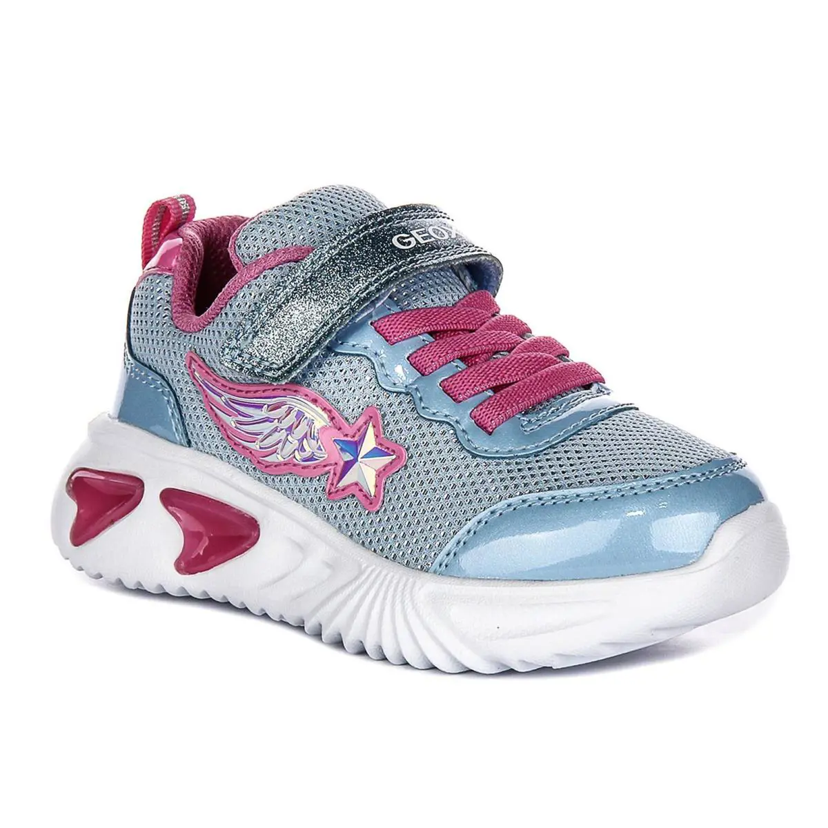 Geox J Assister G B Easy On Strap Heart Wing Girls Sneaker Blue Pink US 8 - 13
