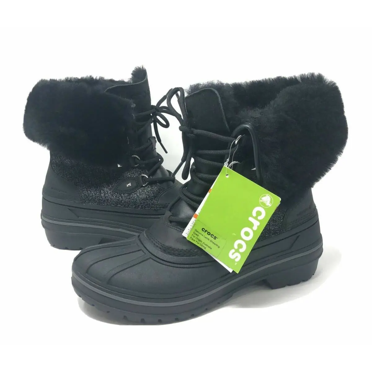 Crocs Black Allcast Luxe Shimmer Sheepskin Fur W 5 Rubber Rain Snow Boots