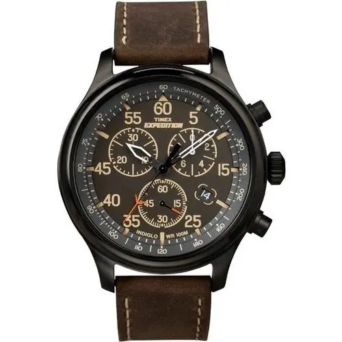 Timex T49905 Men`s Expedition Leather Indiglo Watch Chronograph Date - Dial: Black, Band: Brown