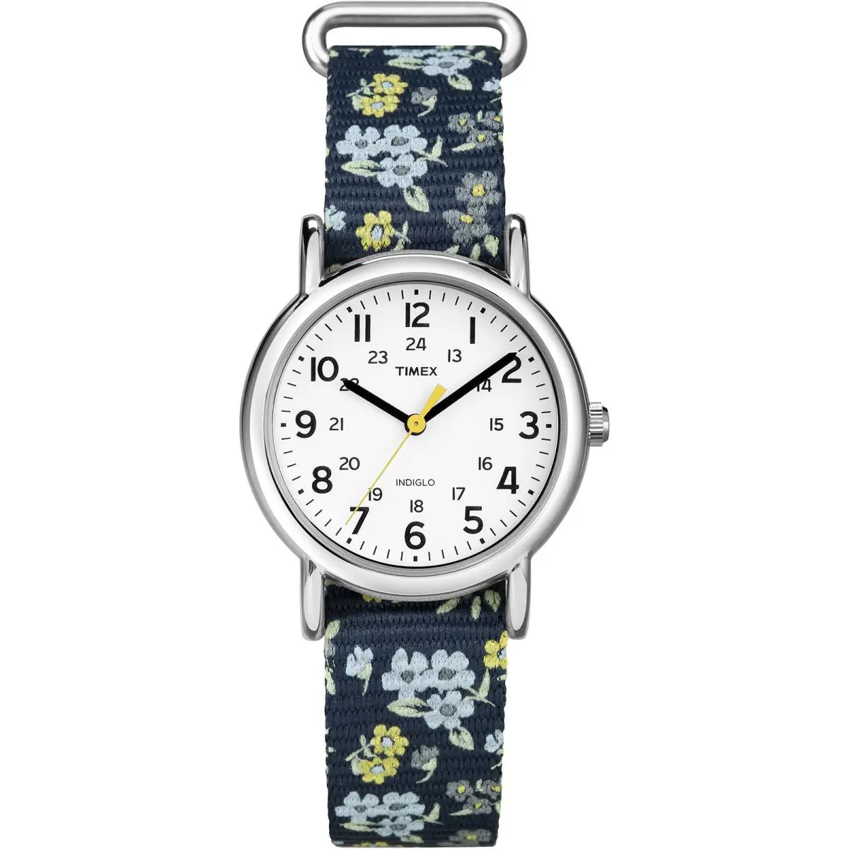 Timex Womens T2P370 Weekender 31mm Blue Floral Nylon Slip-thru Strap Watch - Blue/White/Silver-Tone/Pattern, Dial: White, Band: Blue