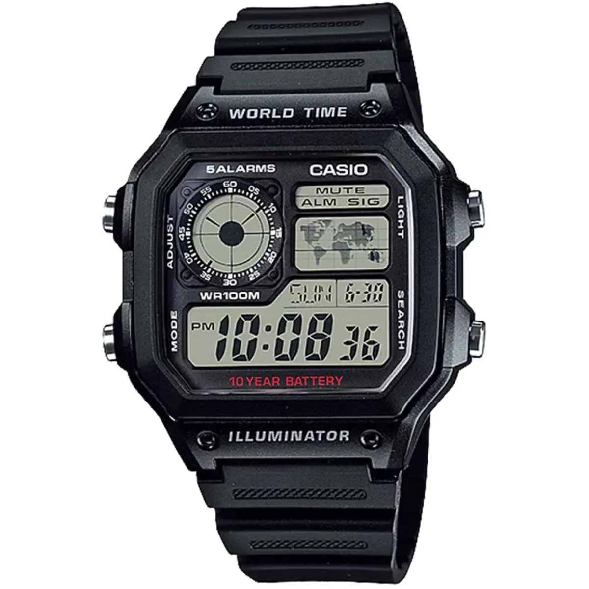 Casio Men`s Multi-function Digital World Time Watch - AE-1200WH-1AV - Black, Dial: Gray, Black, Band: Black