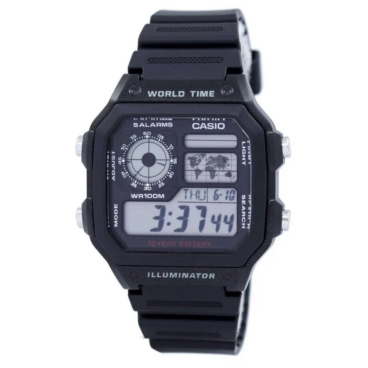 Casio Youth Illuminator World Time Alarm Grey Dial AE-1200WH-1 Men`s Watch - Dial: Gray, Black, Band: Black, Bezel: Black