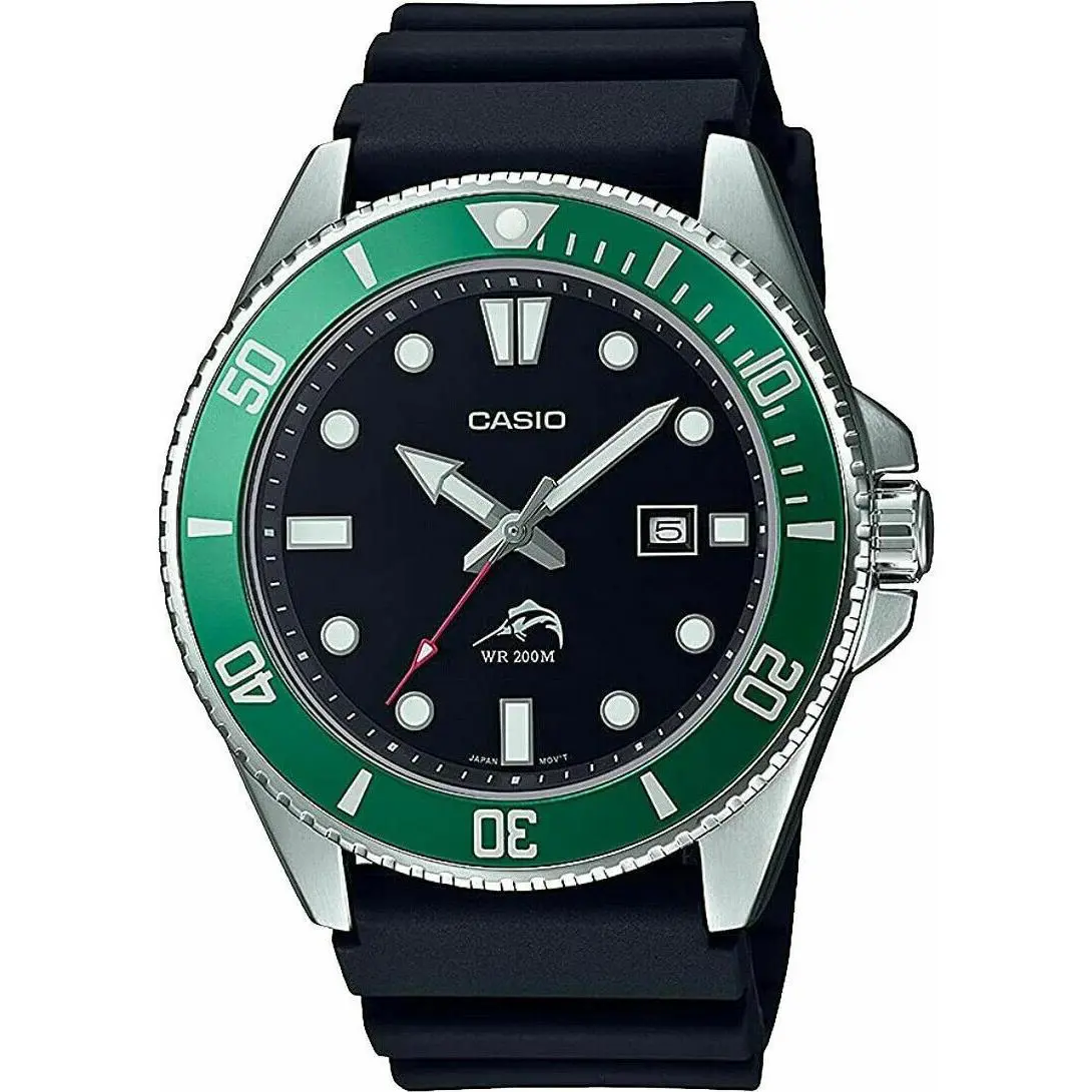 Casio MDV106B-1A3V Men`s Duro 200M Black Resin Band Black Dial Analog Dive Watch - Dial: Black, Band: Black, Bezel: Green
