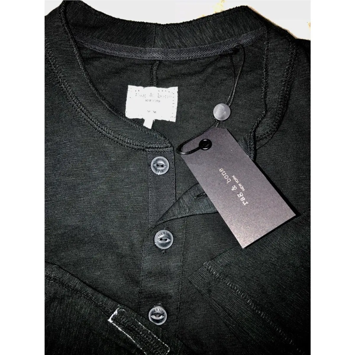 Rag Bone Classic Core Henley Black Cotton Button Up SS Shirt Size Medium