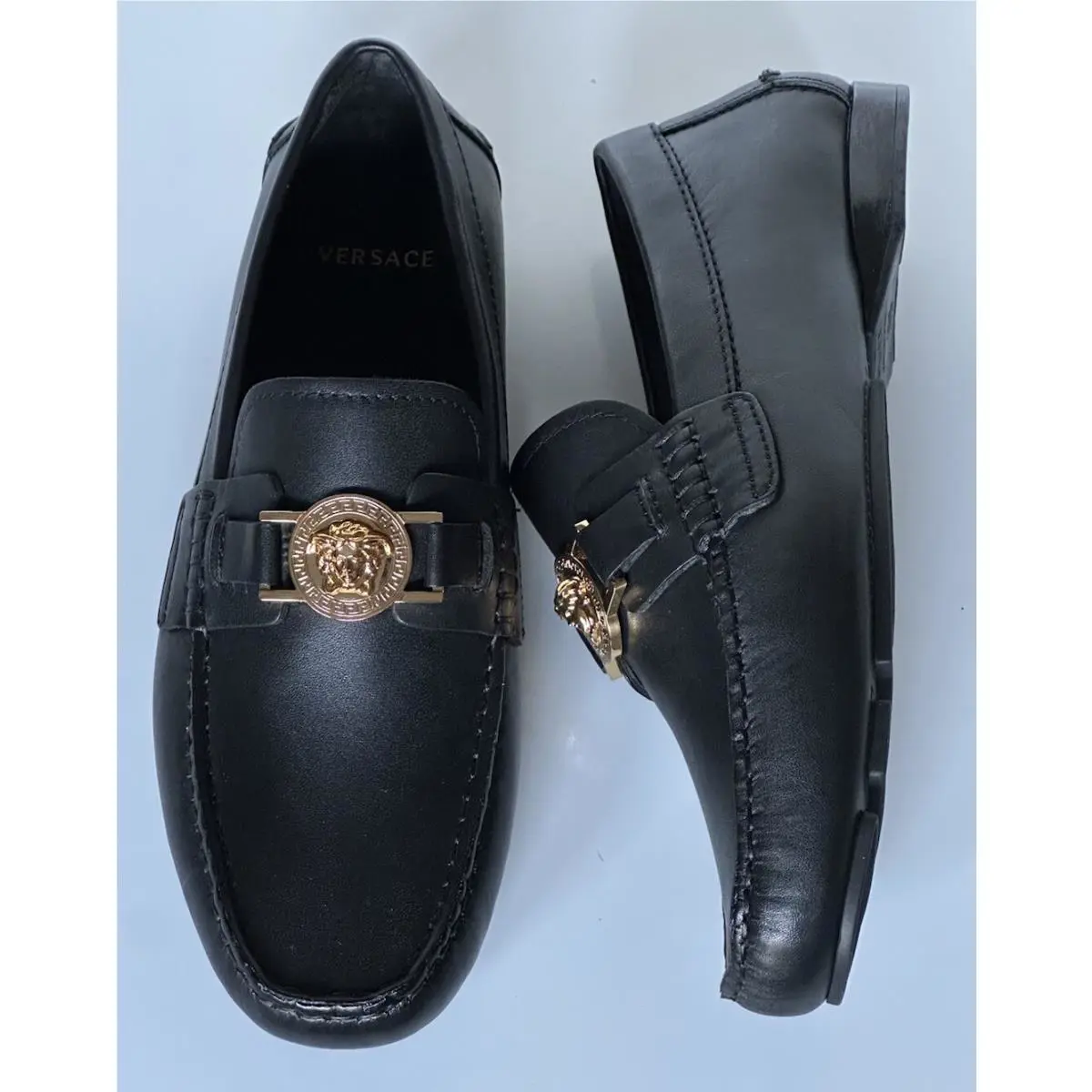 Versace Medusa Men`s Black Leather Driver Shoes 6 US 39 Euro DSU6014S