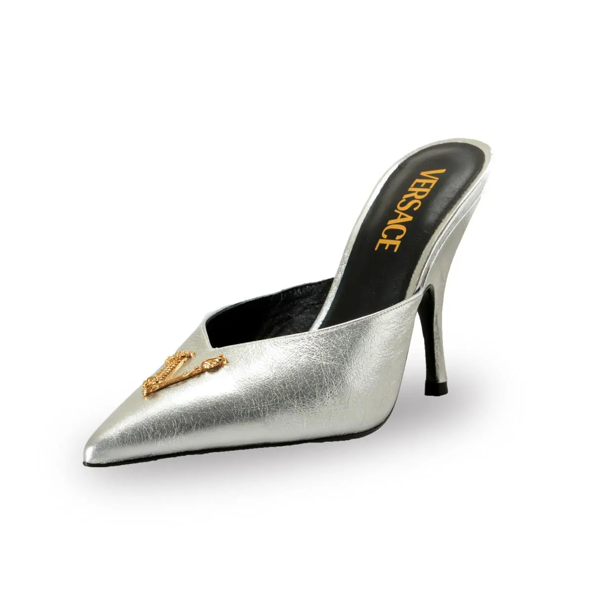 Versace Women`s V Logo Textured Leather Heeled Mules Shoes US 6 IT 36