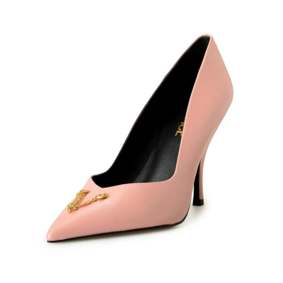 Versace Women`s Gold V-logo Dark Rose Leather Heeled Pumps Shoes US 5 IT 35