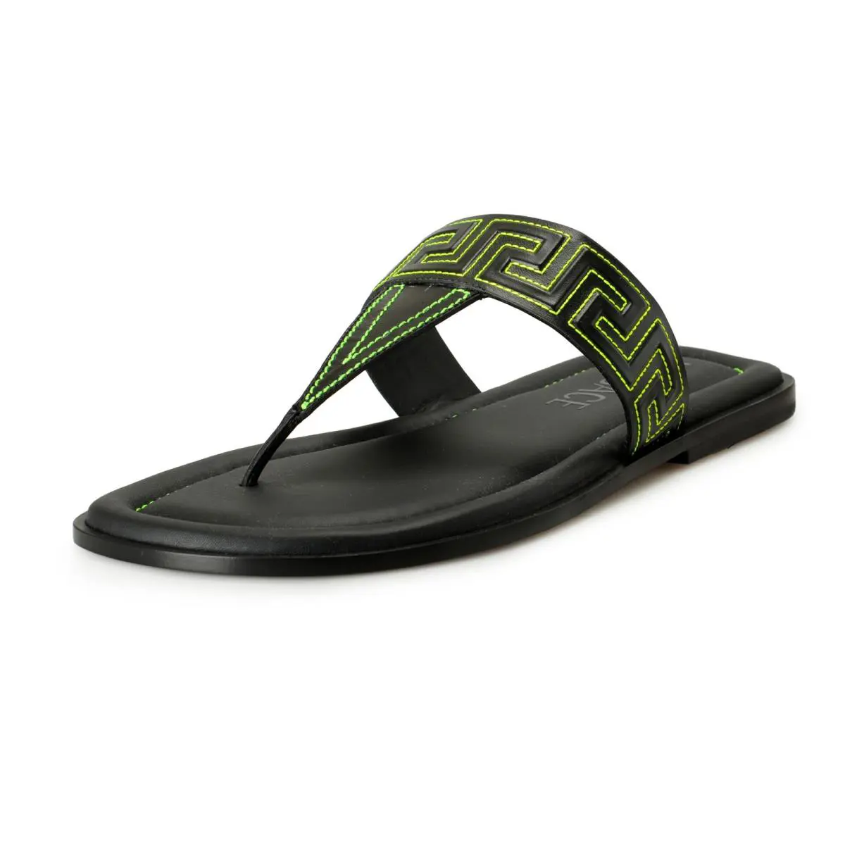 Versace Men`s Black Green Leather Pool Slide Flip Flops Shoes US 8.5 IT 41.5