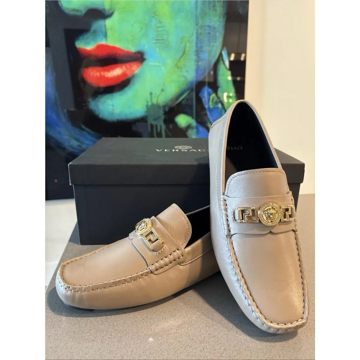 Versace Men`s Taupe Leather Gold Medusa Car Shoes Loafers Shoes 40.5 IT$890