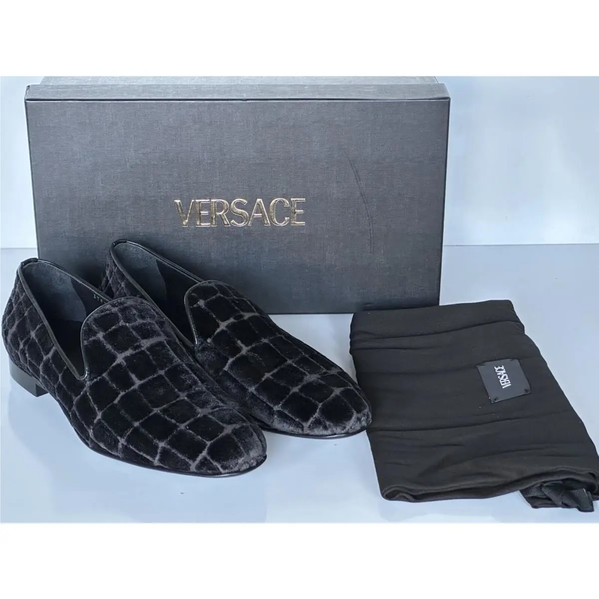 Versace Men`s Black Velvet Loafers Shoes 9 US 42 Euro Italy 1003792