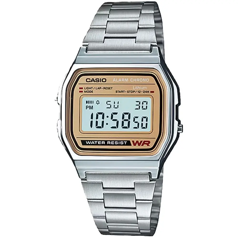 Casio Men’s Digital Watch with Gold-toned Dial - A158WEA-9 - Silver, Dial: Gold, Band: Silver