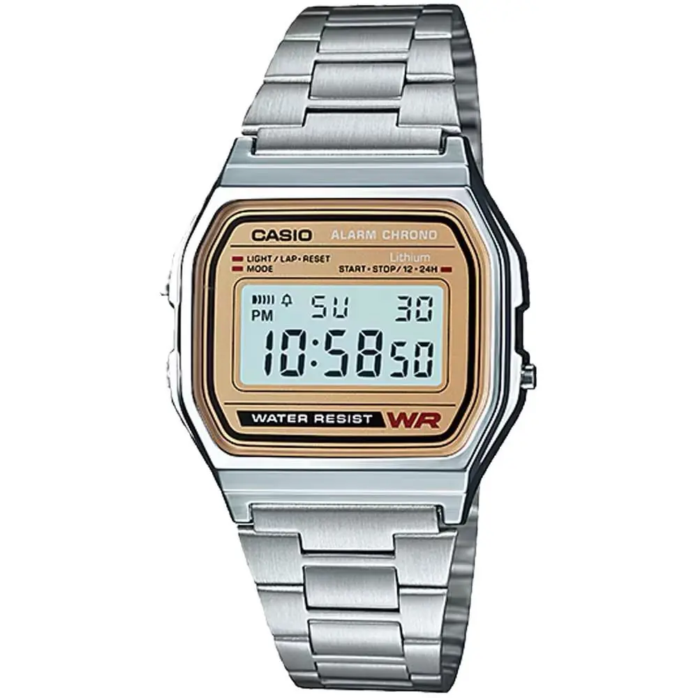 Casio A158WEA-9 Men`s Classic Digital Metal Band Watch - Gold, Dial: Gold, Band: Silver