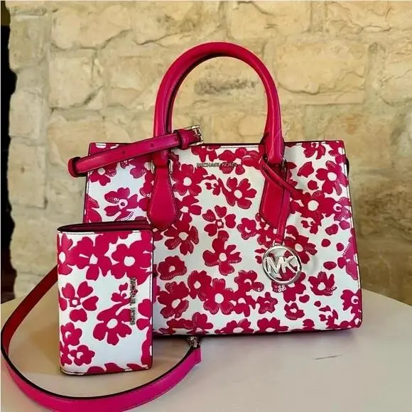 Sheila Medium Sequined Floral Satchel/bifold Wallet Dragonfruit Bundle 2Pcs by Michael Kors