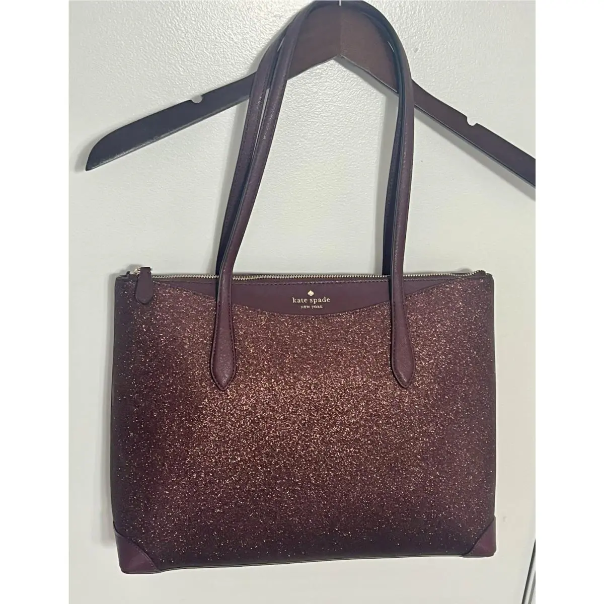 Glitter Fabric Tote in Deep Nova Burgundy with Zip Closure by Kate Spade