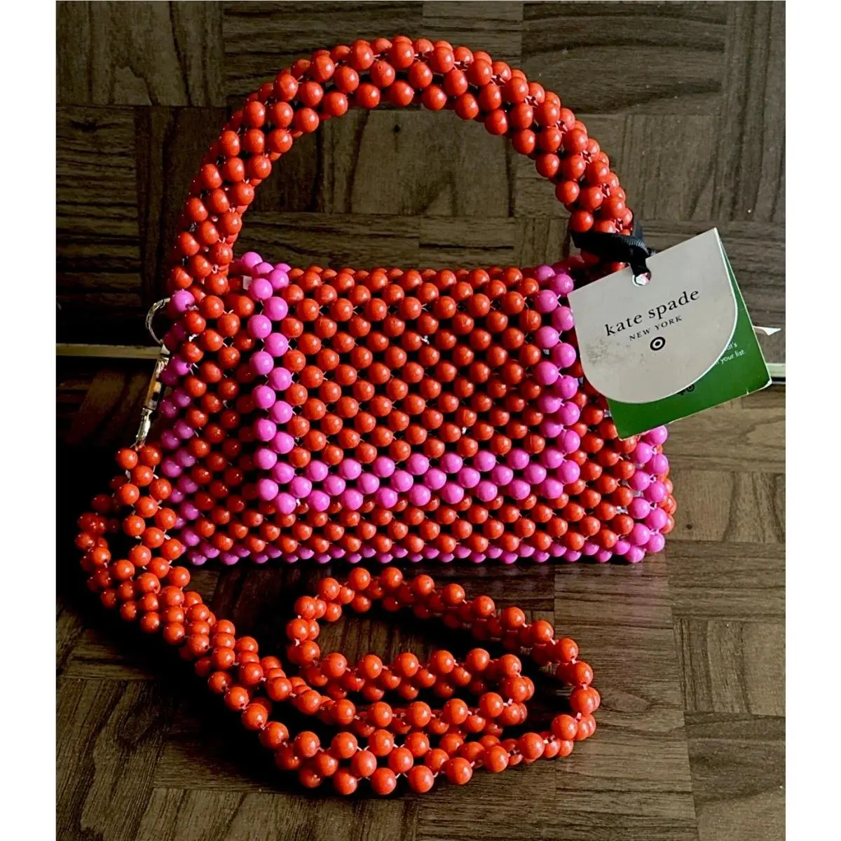 New Kate Spade New York Red Pink Bead Crossbody Bag Beaded Purse Flap Front