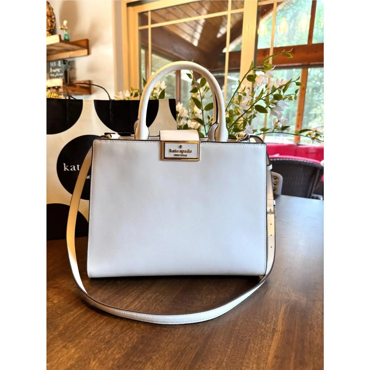 Kate Spade Reegan Top Handle Smooth Leather Satchel Crossbody Purse - Meringue