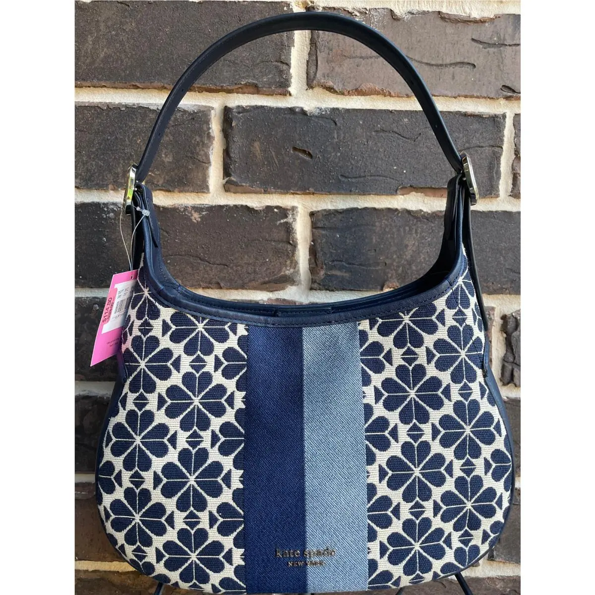 Kate Spade Penny Flower Jacquard Shoulder Bag Stripe Small Black Hobo