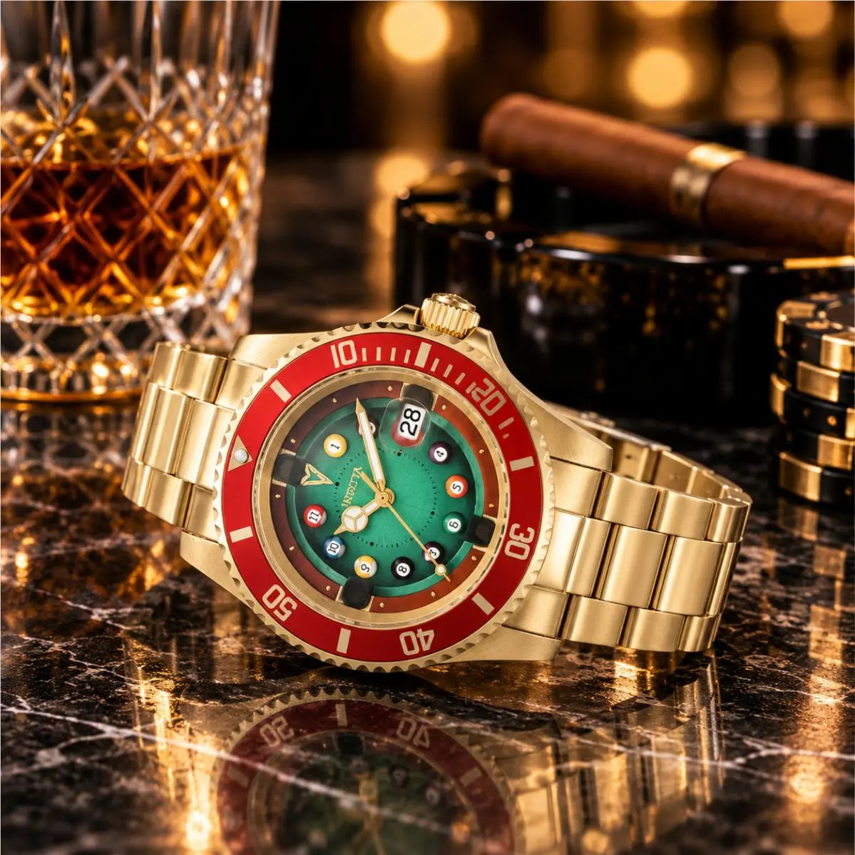 Invicta Pro Diver House of Cards Men`s 40mm Gold Red Green 50522 - Billiards