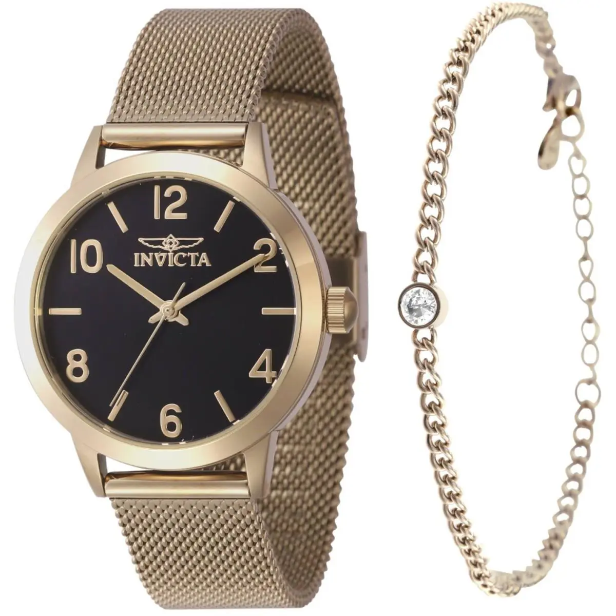 Invicta Women`s Watch Set Wildflower Black Dial Yellow Gold Mesh Bracelet 47277 - Dial: Black, Band: Yellow